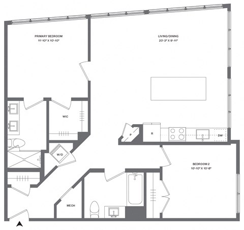 Floor plan for 2 beds, 2 baths, 1071 sqft